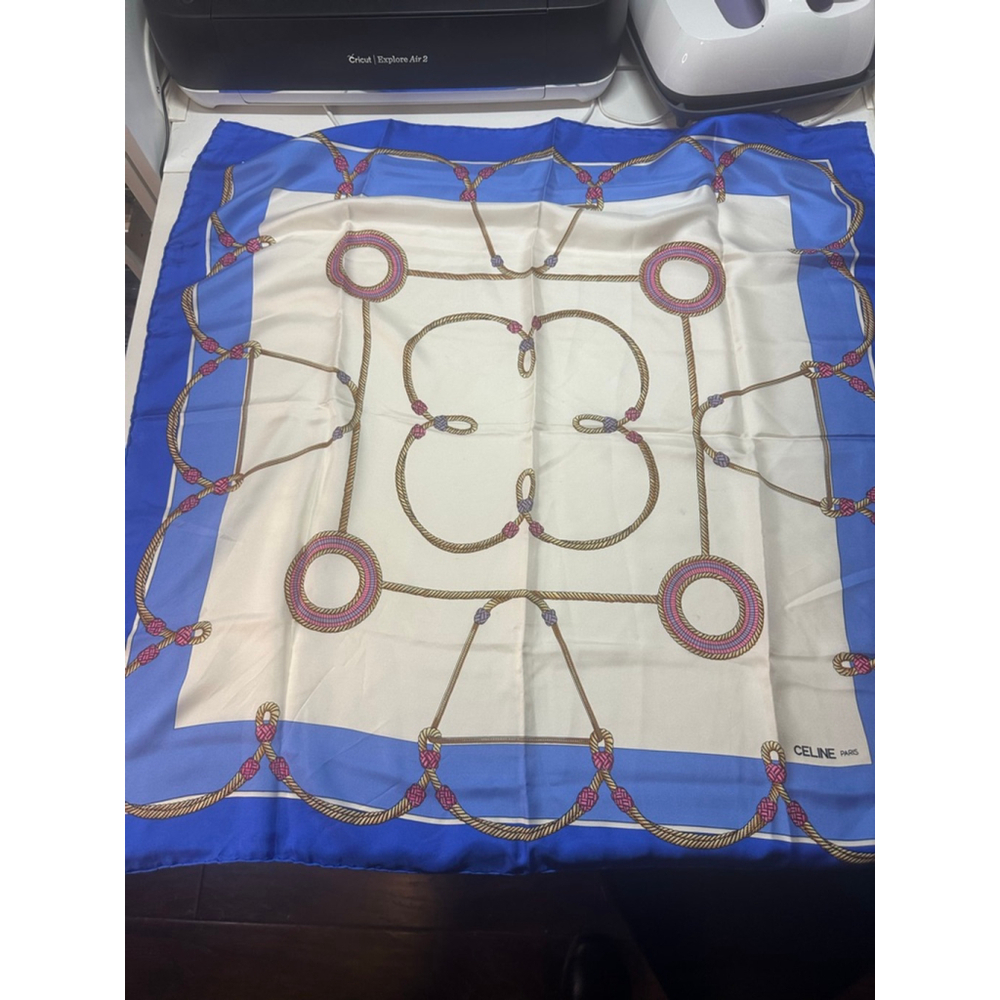 Women's Celine White & Blue Rope Print Silk Scarf One Size